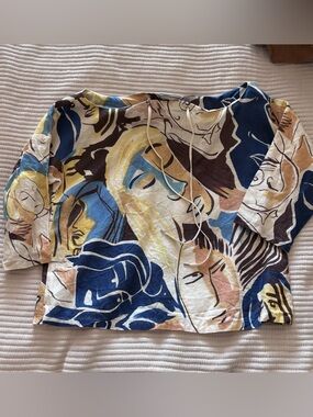 Rachel Comey Folsom Abstract Faces Print Pullover Top in Blue, Beige & Brown 2